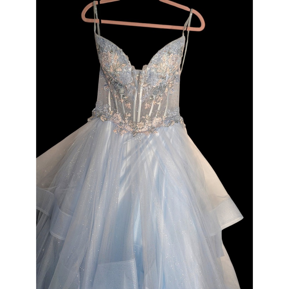 Light Blue Prom Dress Corset Back Embroidered‎ Princess Formal Ball Gown Size 6